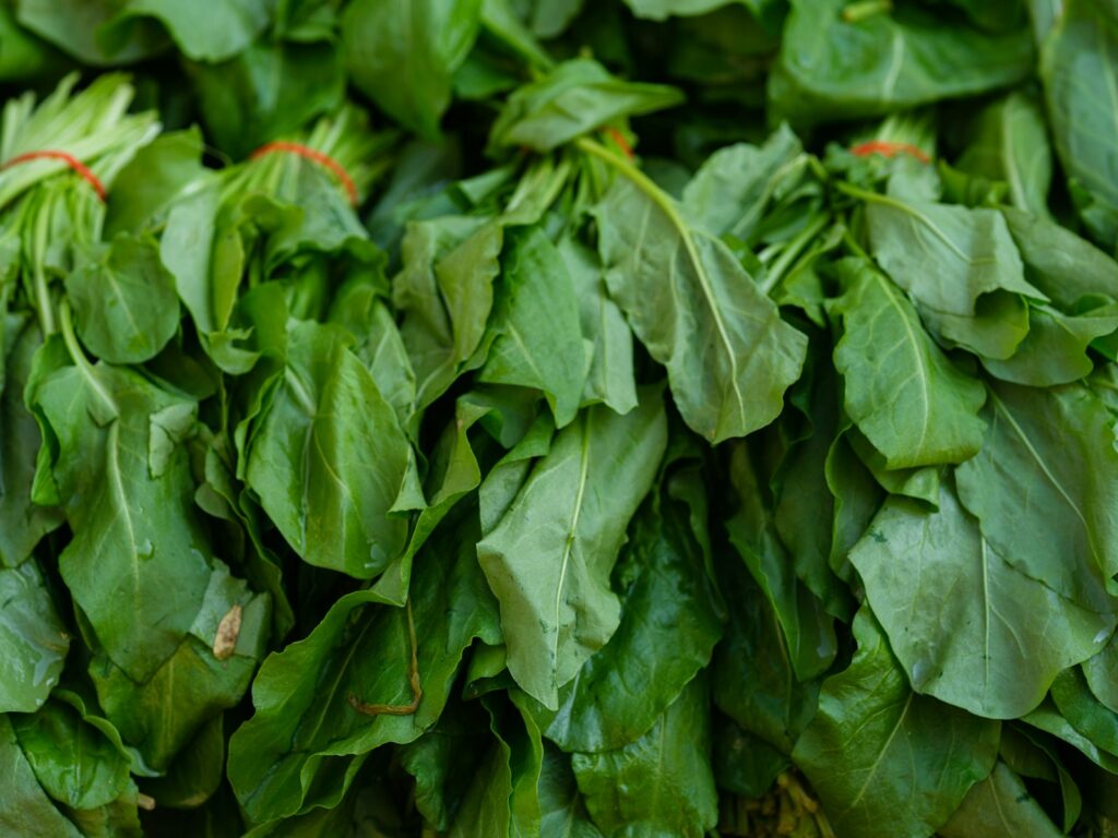 Verse spinazie op de markt, een groene bladgroente rijk aan vitamine K
